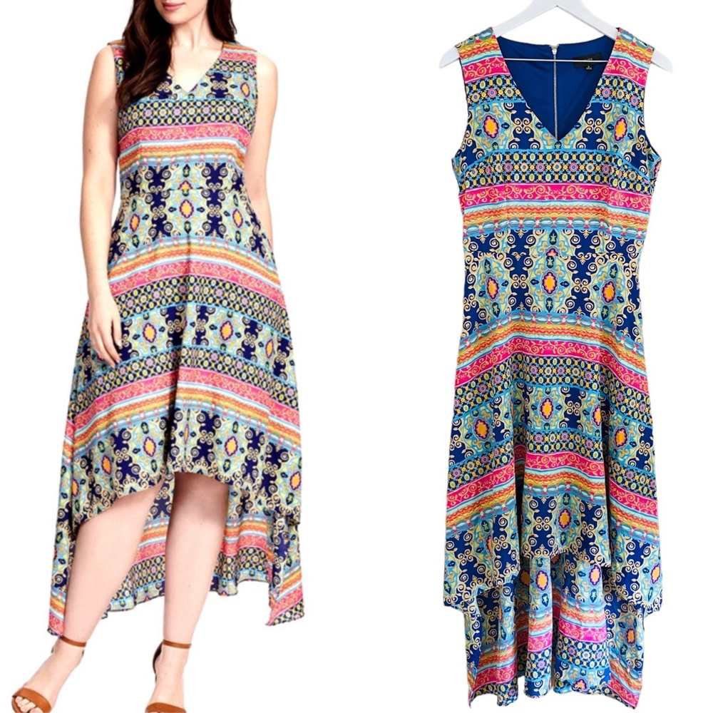 Maia‎ NWT Colorful Statement Flattering Mixed Print Hi Low Flowy Midi Dress Sz 8